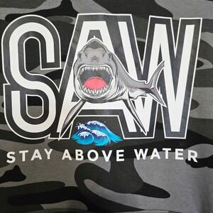 Mens Gray Camo Shark Saw Stay Above Water Hoodie‎ Sweatshirt L